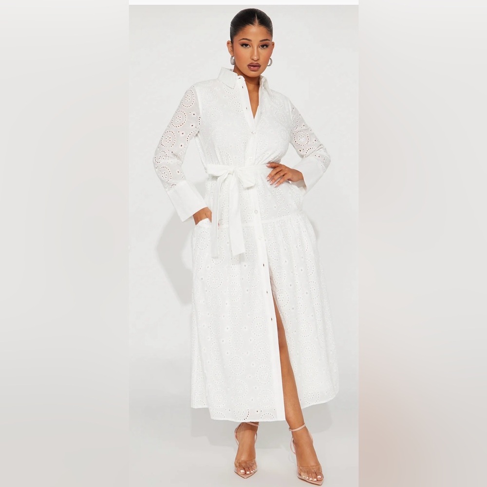 White Eyelet Button-Front Maxi Dress with Tie Waist - Picture 2 of 3